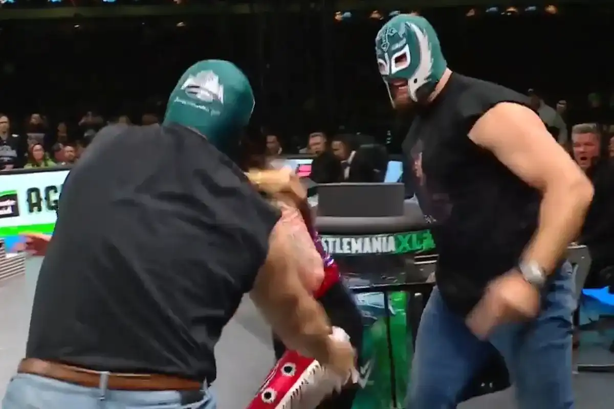 Jason Kelce Lane Johnson Wrestlemania XL Eagles mask saved Rey Mysterio