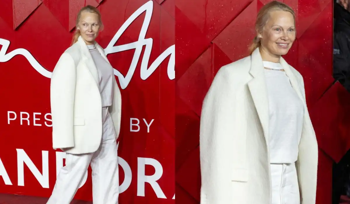 Pamela Anderson Wears Victoria Beckham Suit Makeup-free at Fashion Awards 2023